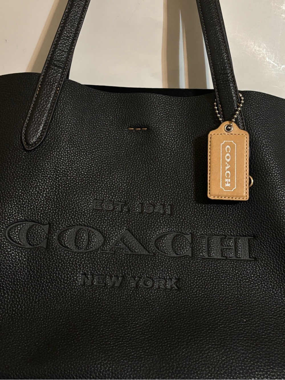 Coach Black Pebbled Leather Tote with Tan Leather Tag - Picture 12 of 16